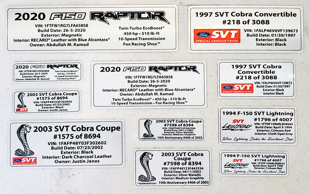 Ford Script ID Data Plate - Silver/Black Aluminum Nameplate - 5 Line 102 - Made In USA
